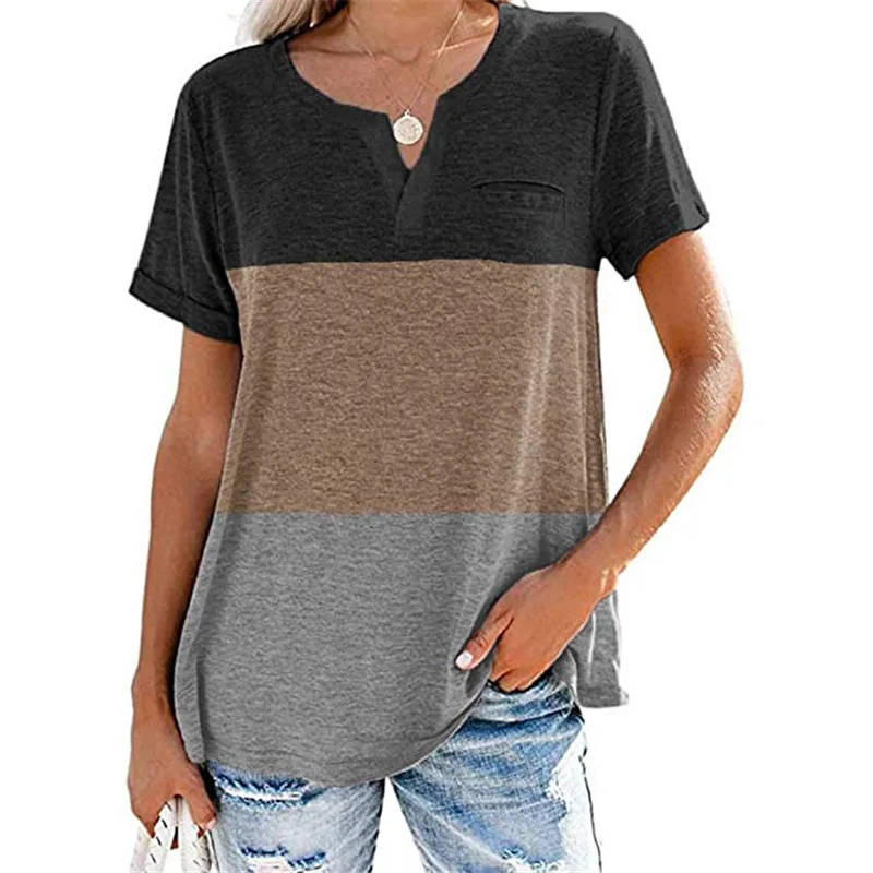 

3XL Ladies Tops Women Plus Size Patchwork T Shirt Loose V-Neck Short Sleeve Casual Tee Top Summer New Streetwear