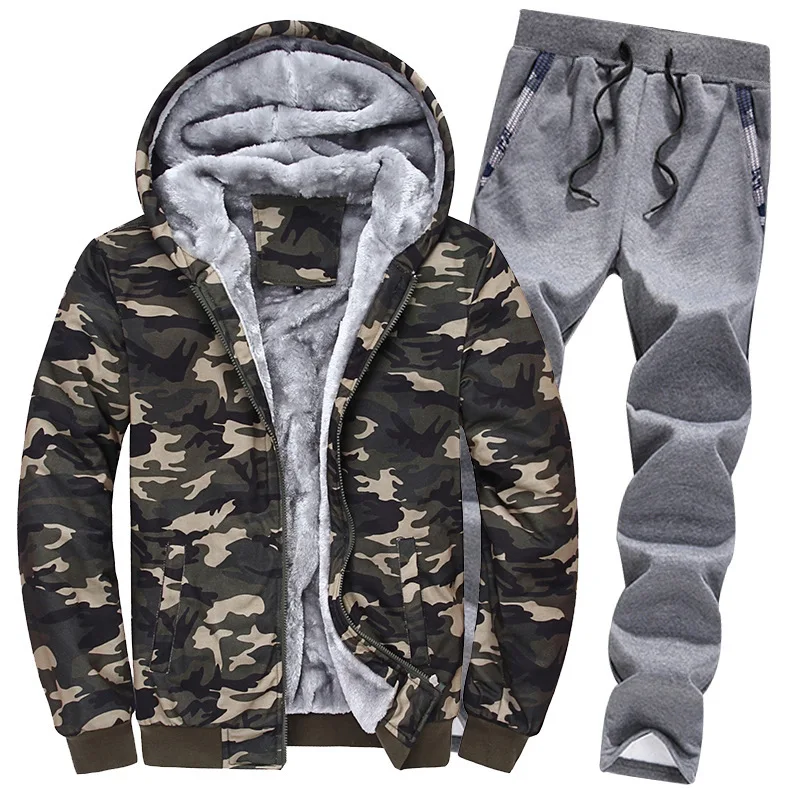 New Mens Winter Warm Fur Lining Tracksuit Casual Camouflage Printed Hooded Coat Full Length Sweatpants Sets Large Size Male Suit