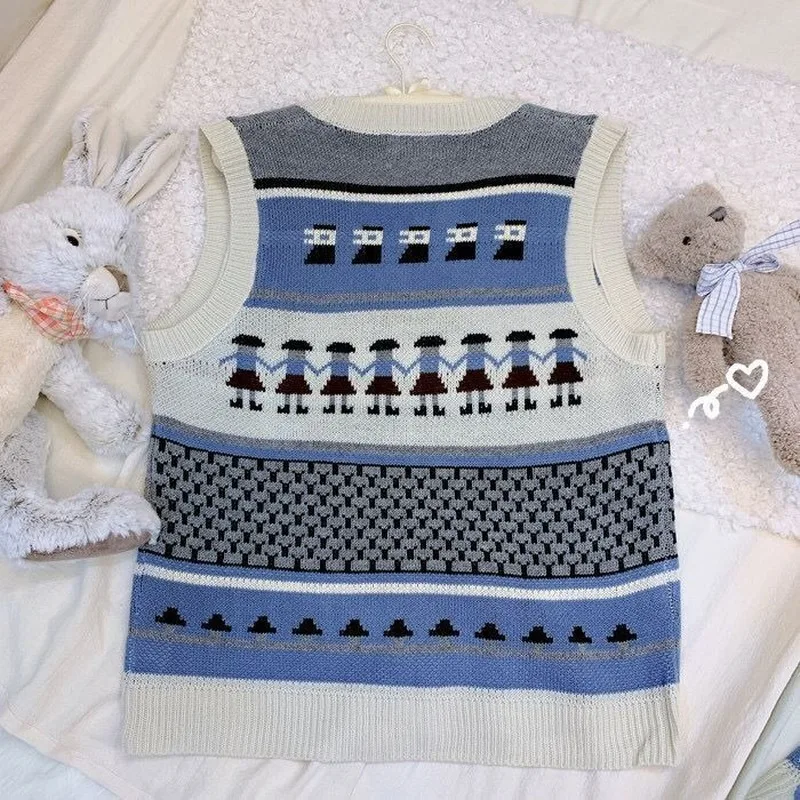 

Sweater Vest Women Autumn Lovely Printed V-Neck Students Retro Ulzzang Korean Style Casual Womens Femme Single Breasted Knitted