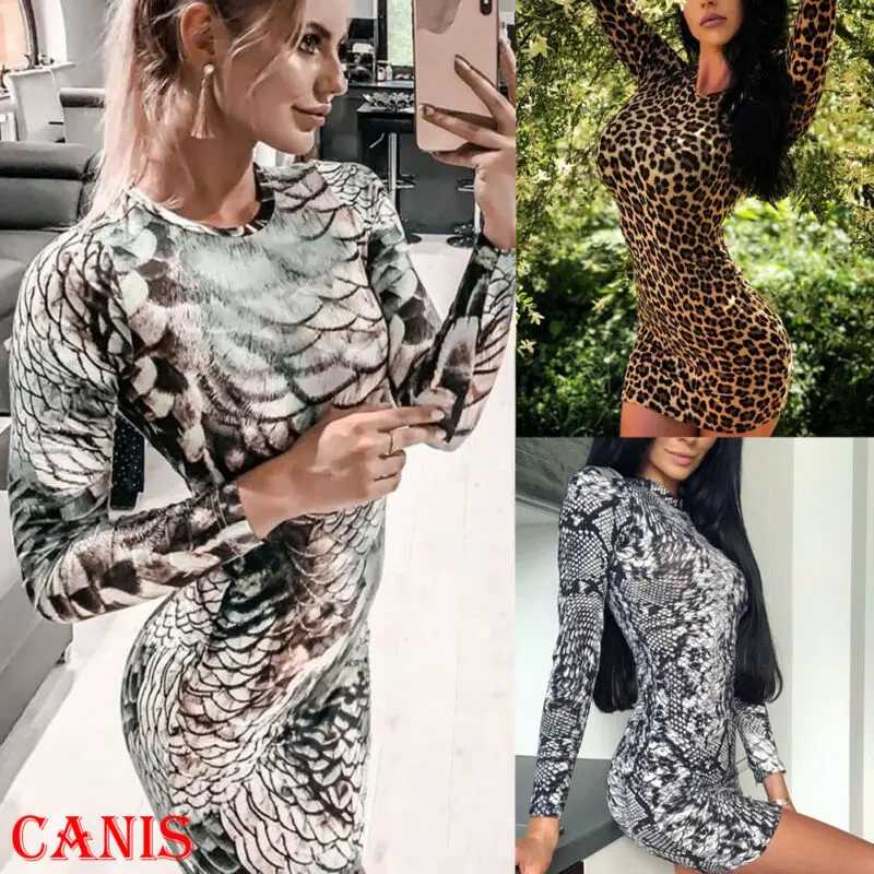 

Women Leopard Bodycon Casual Long Sleeve Flim Mini Sexy Dress