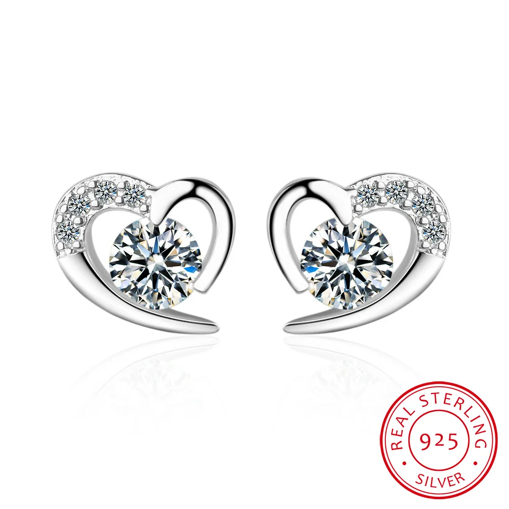 

New Trendy 925 Sterling Silver Earrings For Women Jewelry High Quality Heart Crystal CZ Female Stud Earring Accessories