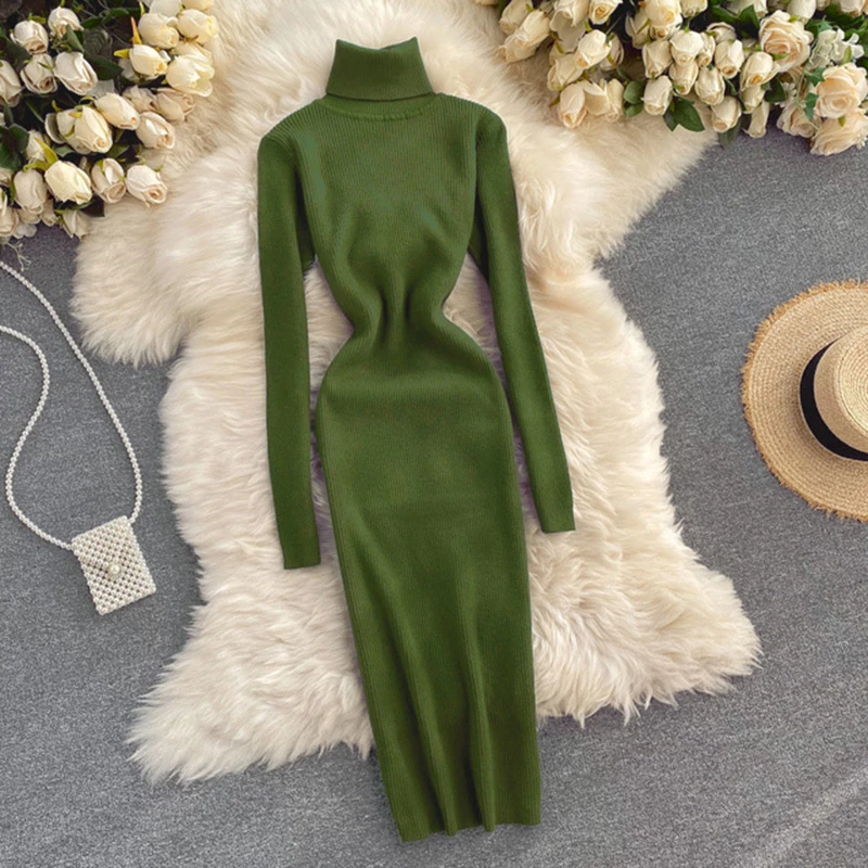 

Dresses for Women 2021 Sexy Turtleneck Knitted Bodycon Dress Women Autumn Winter Long Sleeve Sweater Dress
