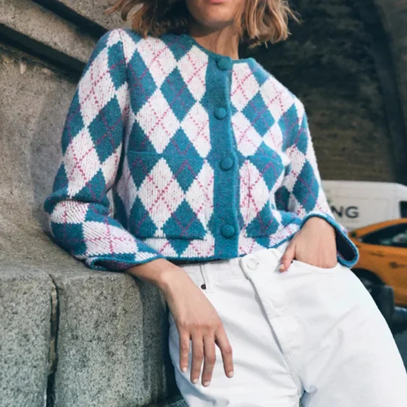 

GypsyLady Argyle Knitted Sweater Cardigan Autumn Chic Vintage Y2K Women Cardigans Girls Pockets Long Sleeve Jumpers Sweater