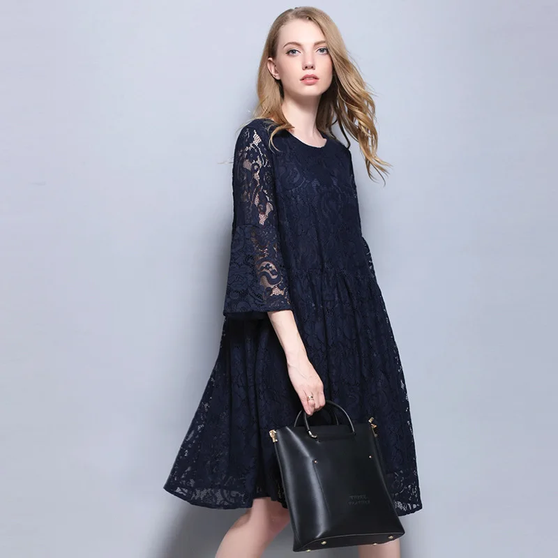 Женский кружевной сарафан Leiouna черный свободный средней длины с длинным рукавом