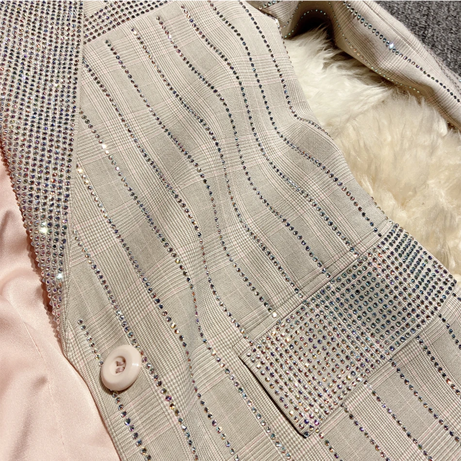 

Autumn 2020 New Diamond Sequined Bling Plaid Jacket Women'S Single Button Long Sleeve Jacket Pocket