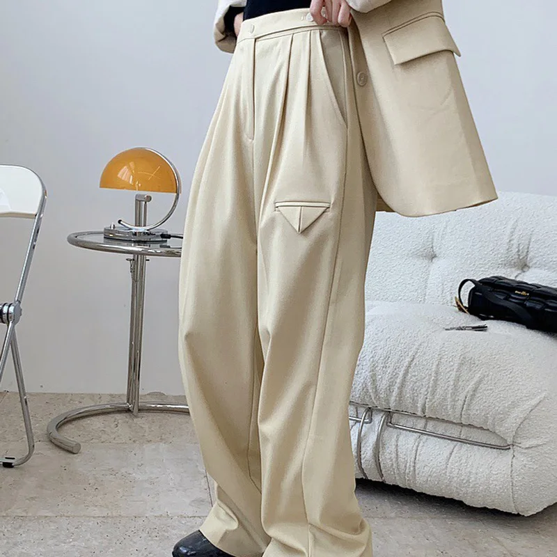 

Весенне-осенние женские повседневные однотонные свободные широкие брюки с завышенной талией и карманами