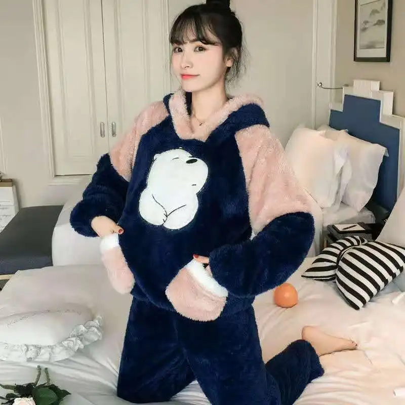 Thick Clothing Set Kartoon Kawaii Sleepwer 2021 Winter Women's Pajamas Coral Fleece Warm Woman 2 Pieces Hooded Trouser Suits | Женская