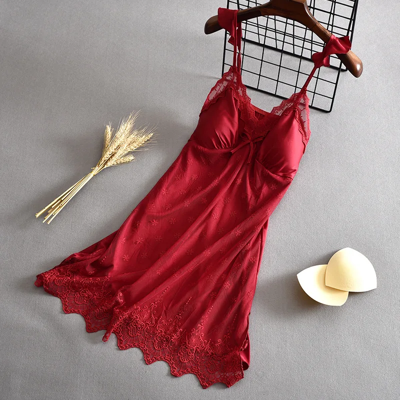 

Nightgown Sexy Nightwear Satin Sexy Lace Sleepwear Intimate Lingerie Summer New Home Dressing Gown Burgundy Nightdress