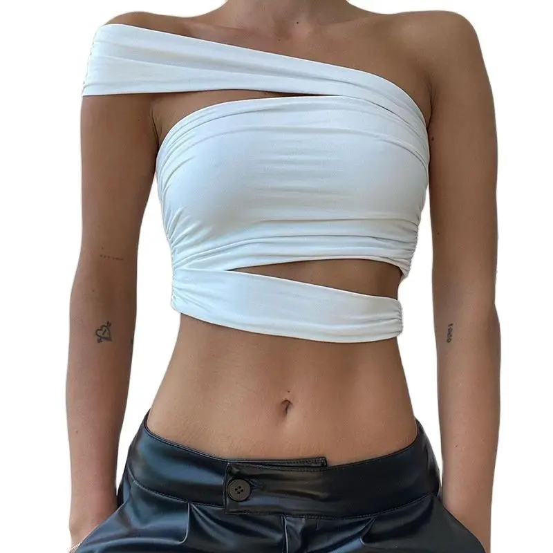 

Женский плиссированный топ с открытыми плечами, ажурный топ со скошенными плечами, подчеркивающий индивидуальность талии, весна-лето 2022