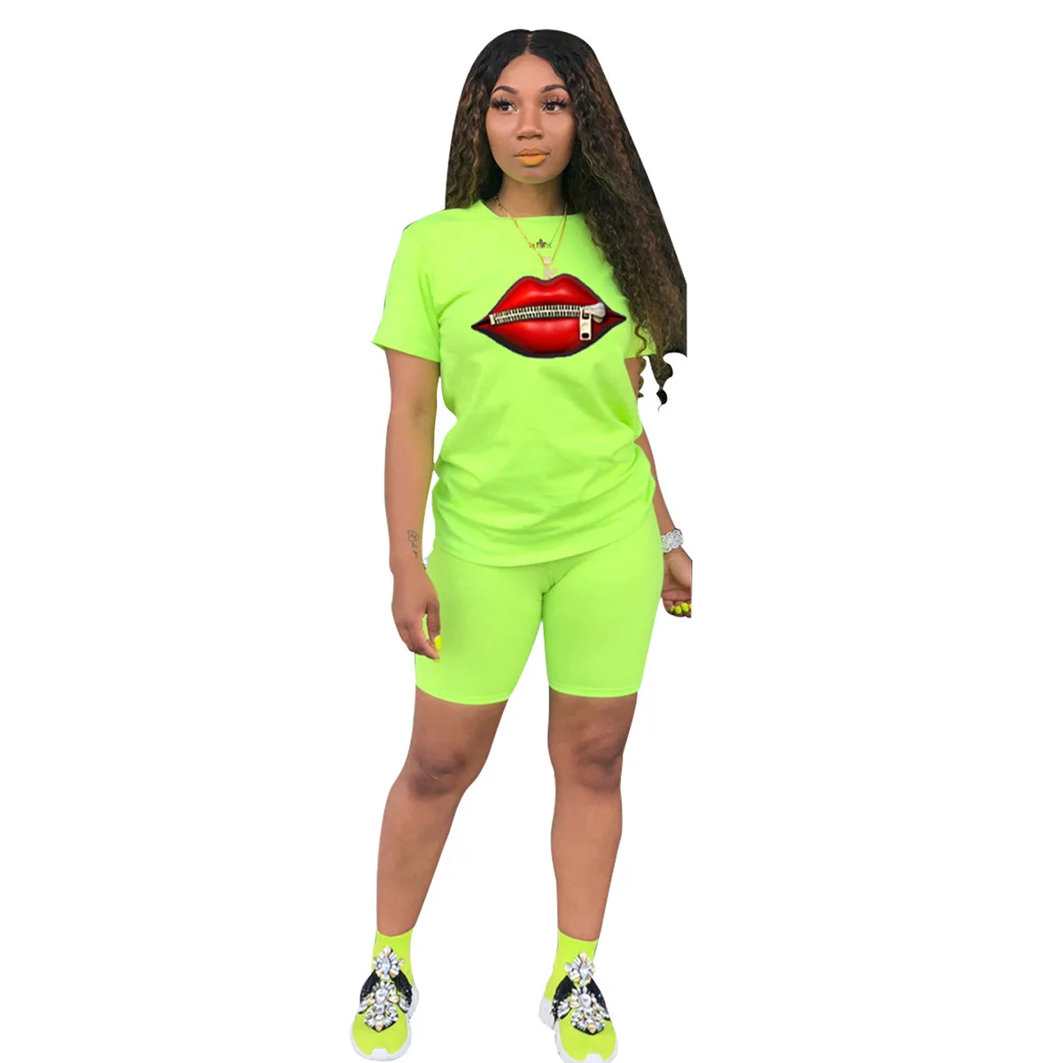 

Donsignet Women's Suit New Fashion Summer Temperament Printing Slim Sports Two-piece Suit Round Neck Pullover Pure Color Lip