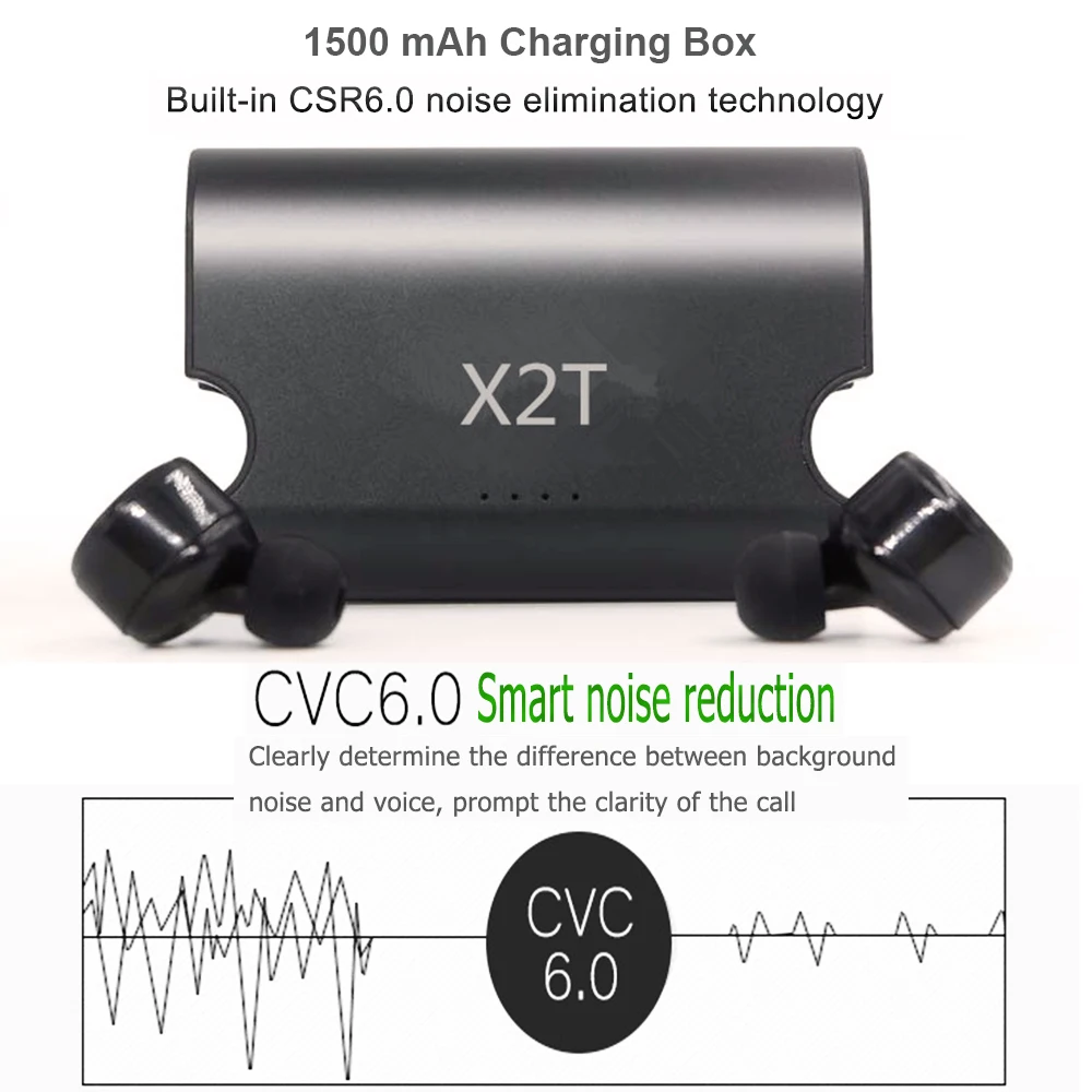 X2T Mini Wireless Bluetooth 4.2 Earphone Stereo Earphones Noise Canceling Headset In-Ear Earpiece Earbuds 1500mAh Charging Box |