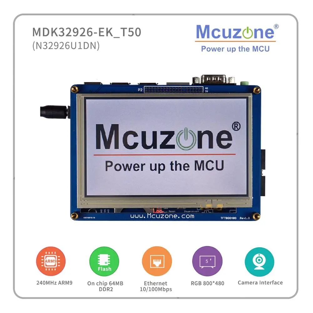 

MDK32926-EK-T50-OV7725 N32926U1DN 64MB DDR2 16MB+256MB FLASH,LCDC, H.264 and JPEG codec, 5" 800480 TFTLCD with TP