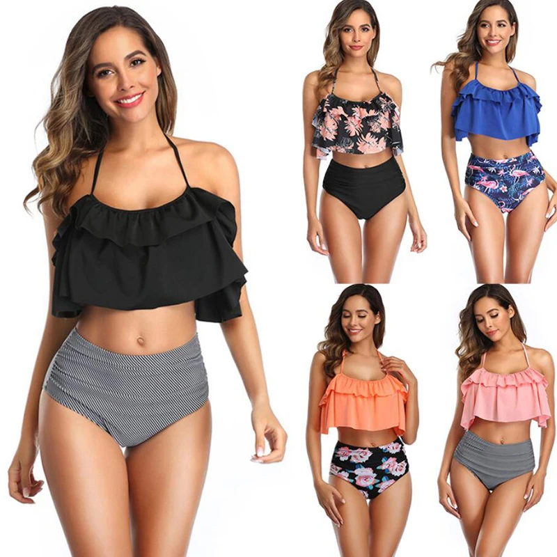 

Купальник-бикини женский с цветочным принтом, пикантный раздельный купальник из двух предметов, с подвесным воротником, лето 2021