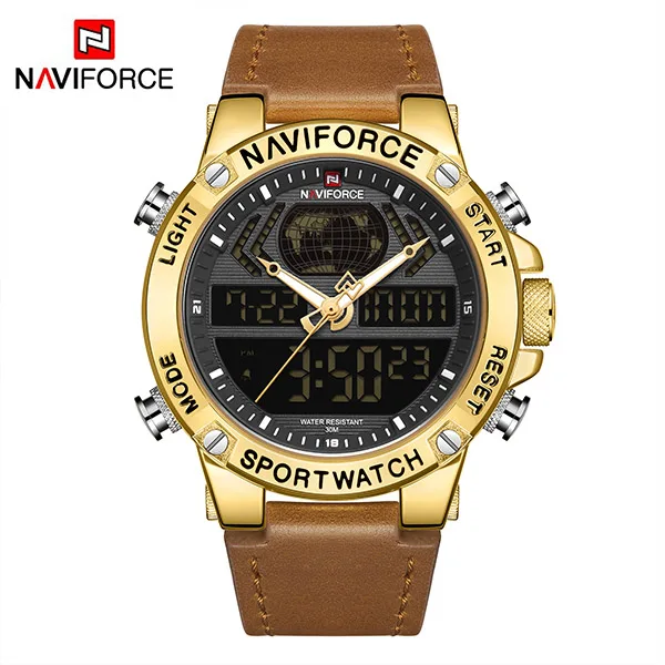 Gold Brown NAVIFORCE мужские часы Топ люксовый бренд спортивные цифровые наручные часы водонепроницаемые с двойным дисплеем военные мужские часы Relogio Masculino - Цвет: Gold Brown