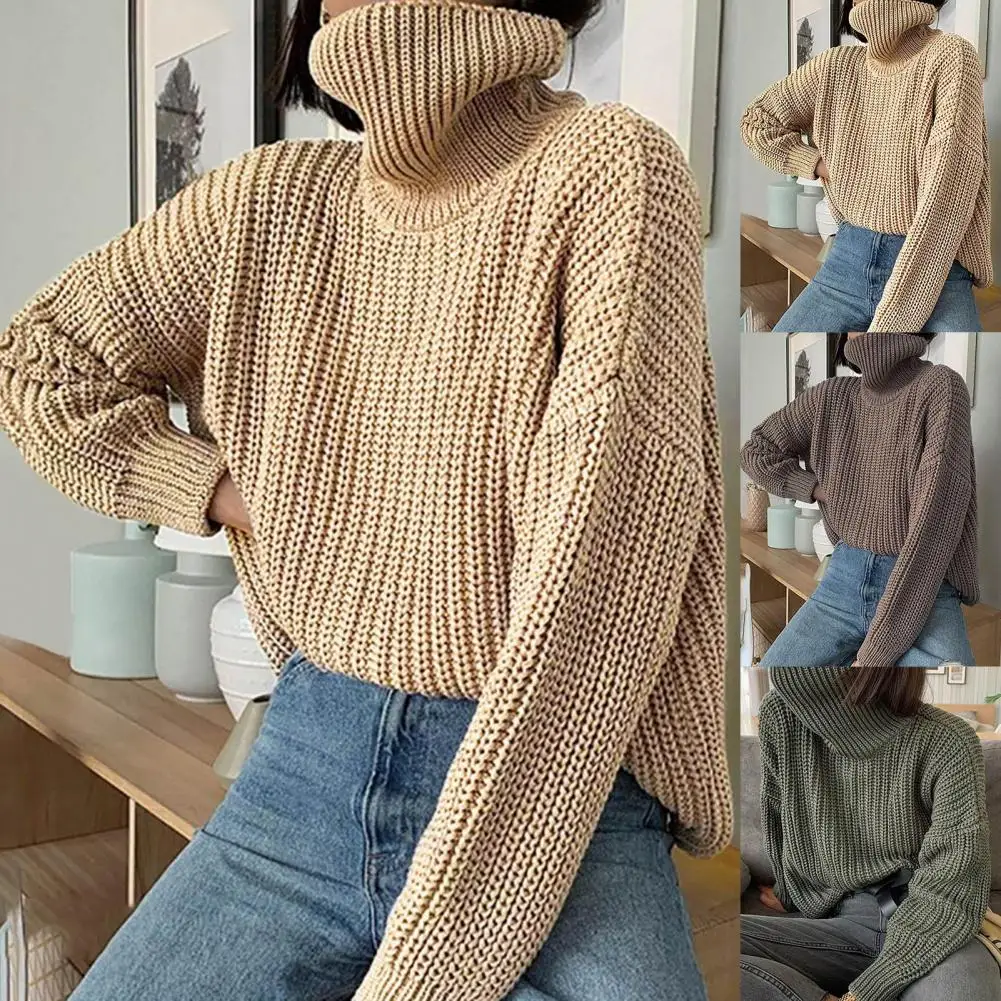 

Women Sweater Plain Weave All Match Autumn Winter Solid Color High Neck Loose Knitted Pullover for Daily Wear