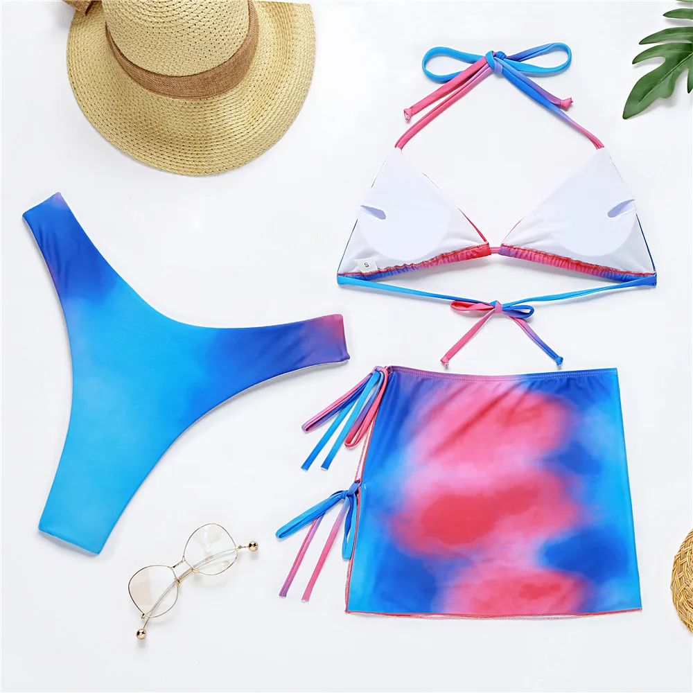 

New Style Bikini European And American Beach Blue Tie-dye Three-piece Women's Swimsuit Quick-drying Swimwear Women's Bikini Set