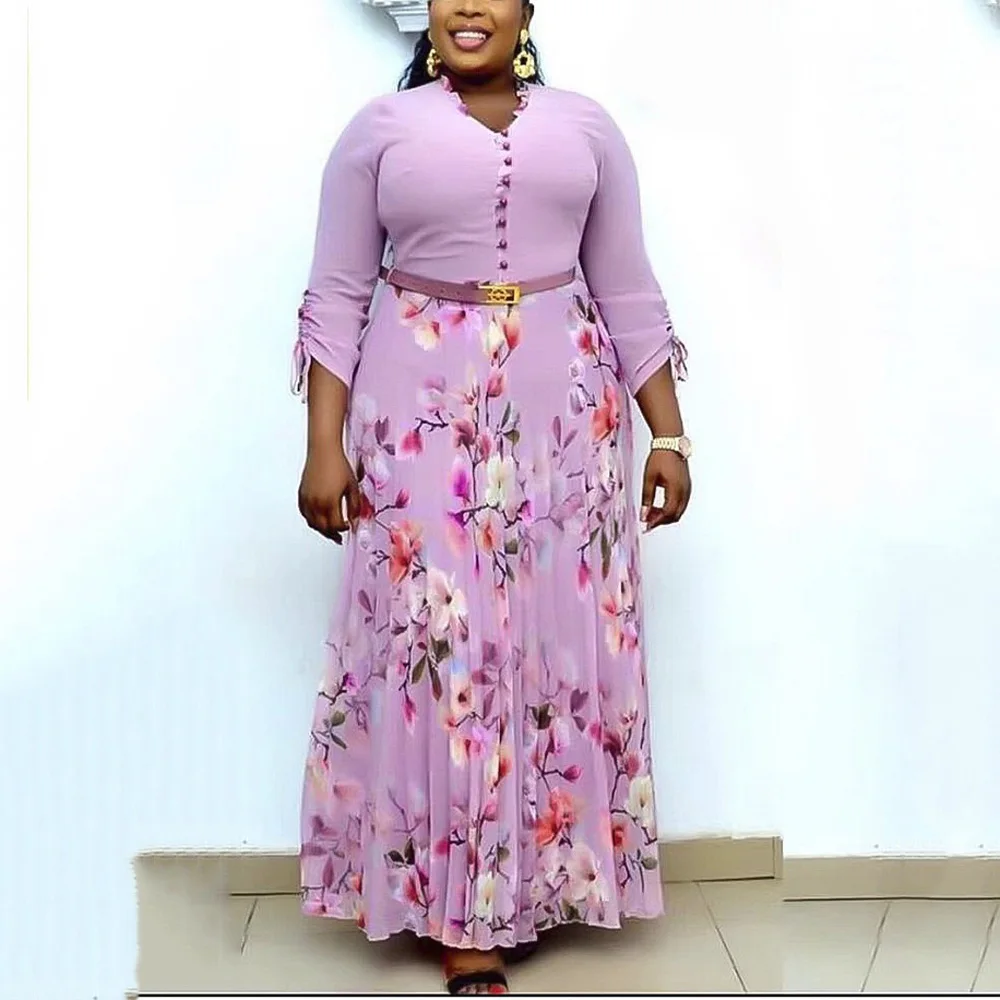 

African Ladies Long Dress Temperament Commuter High Waisted Button Floral Print Floor Length Elegant Evening Night Party Dresses