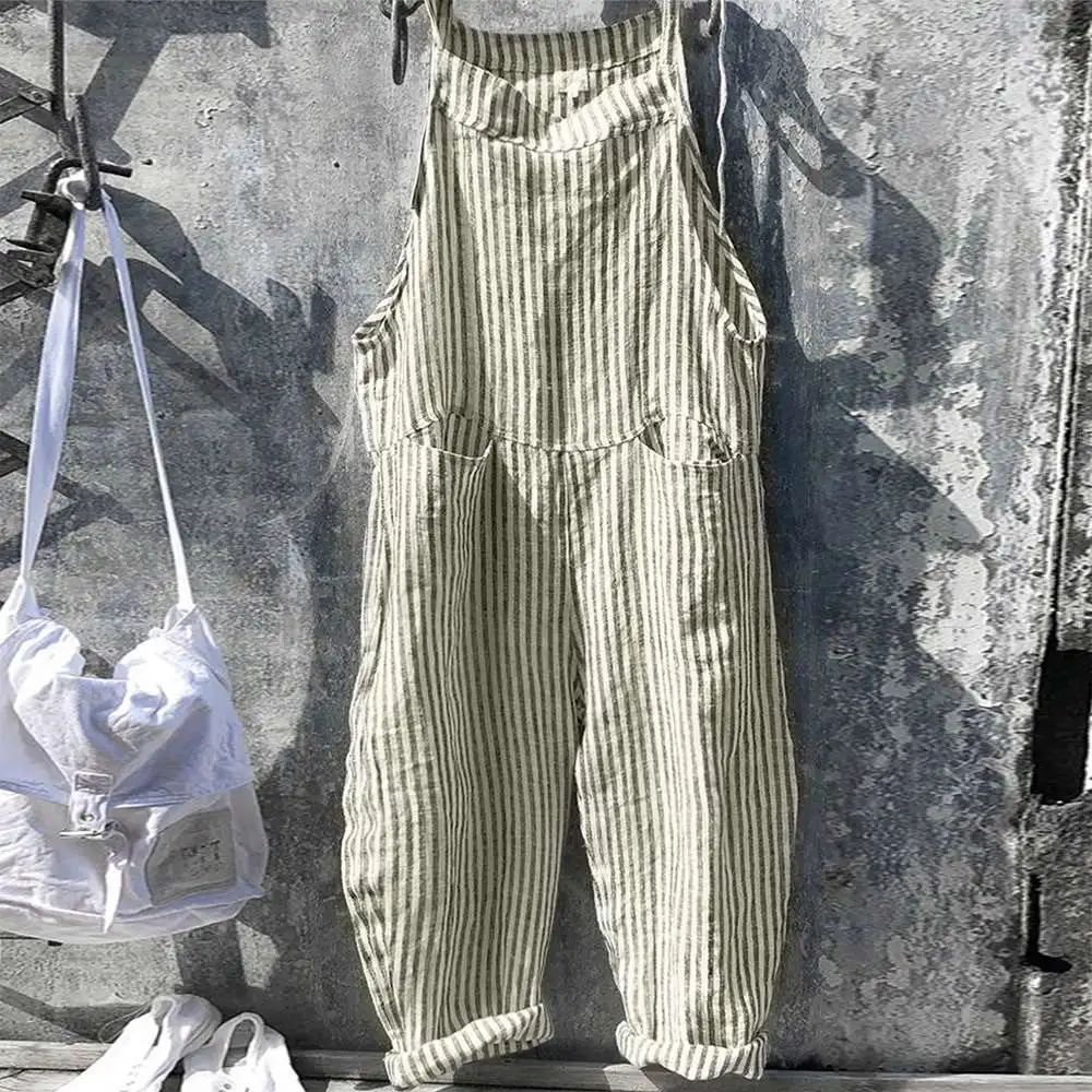 

2021 New Sleeveless Strapped Jumpsuits Women Striped Loose Overalls Pockets Casual Long Harem Pants Baggy Bib Trousers Female