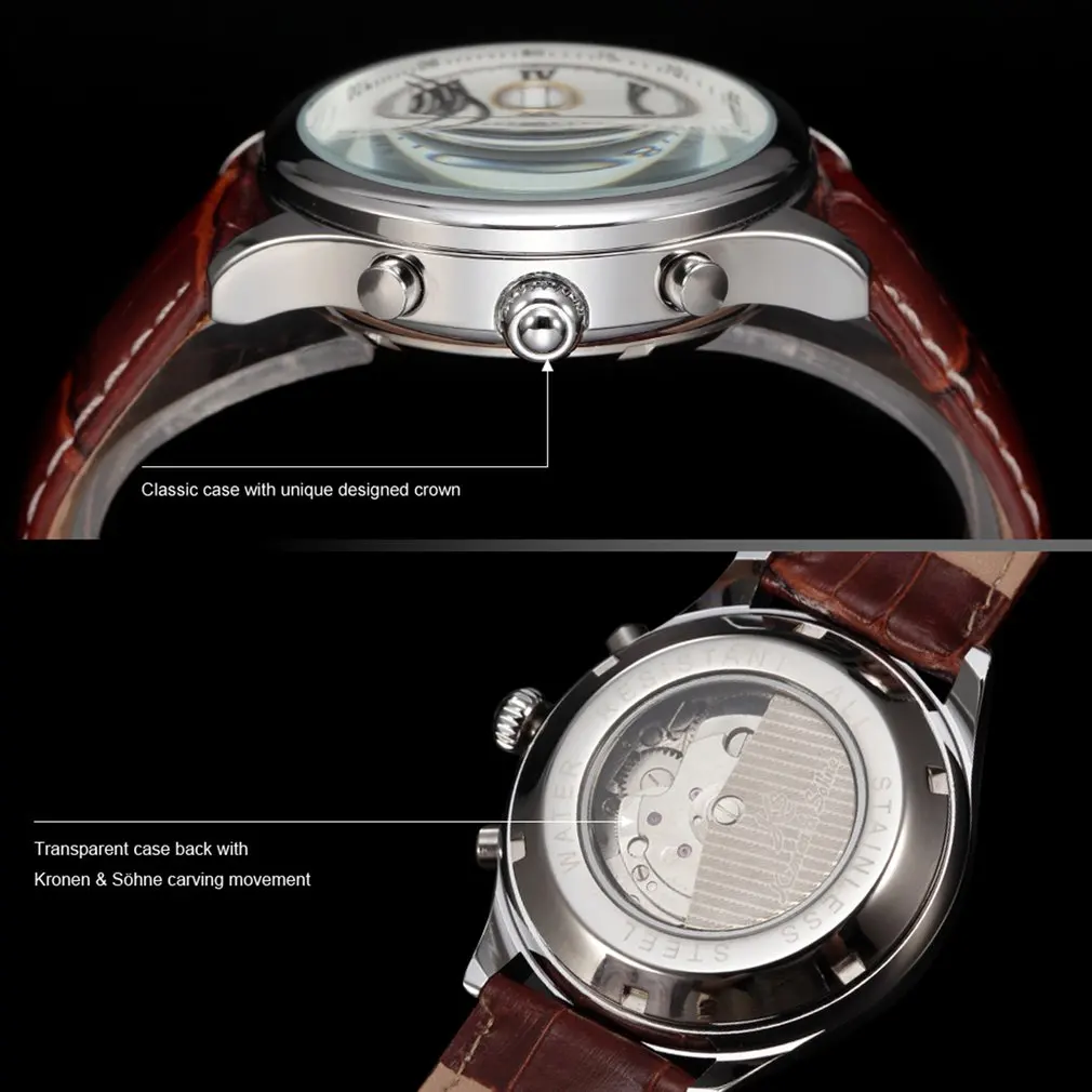IMPERIAL KS Retro Skeleton 6 Hands Golden Case Luxury Brand Day Month Display Brown Leather Strap Men's Mechanical Watch / KS146