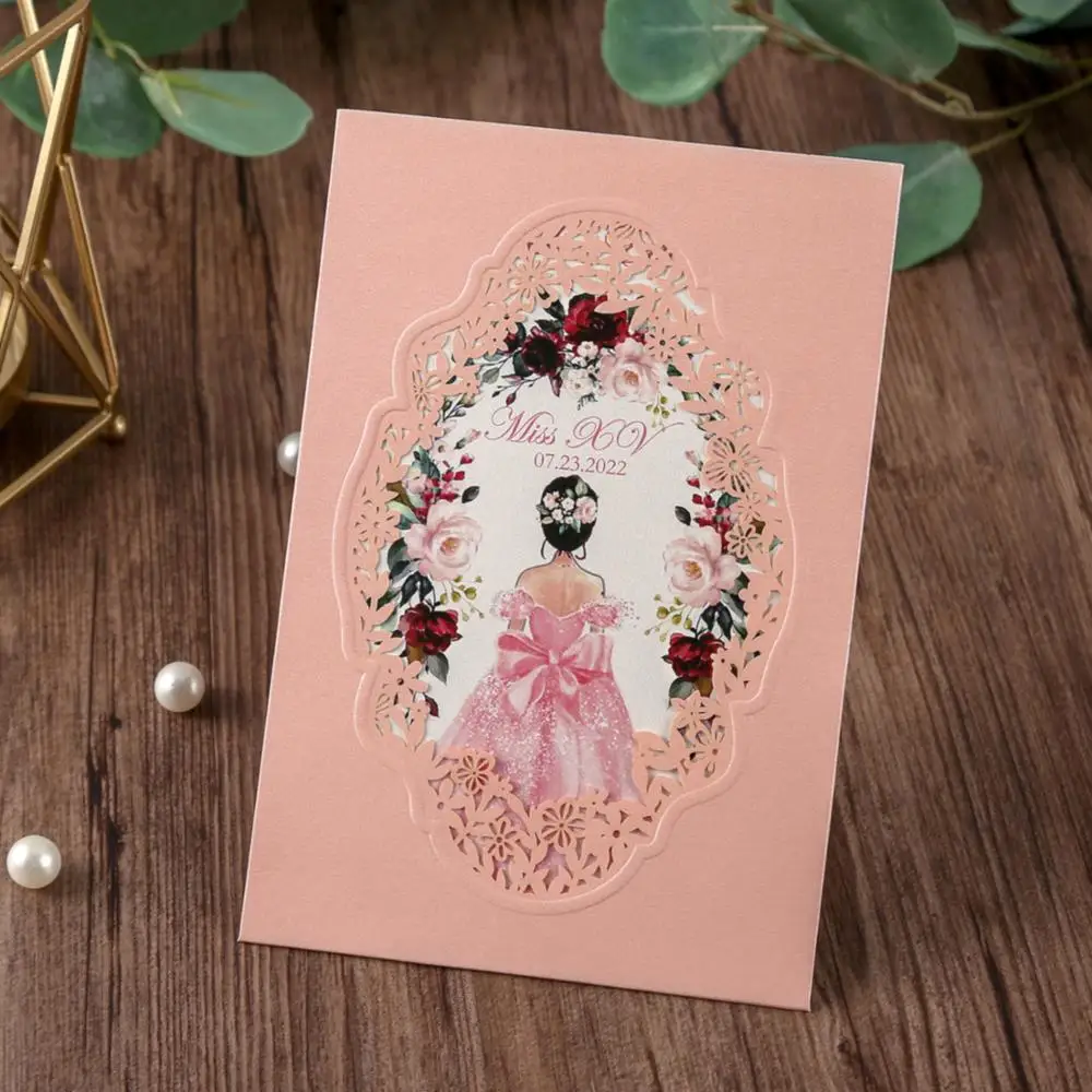 50 шт. розовое золото бордовый темно синий вертикальная лазерная резка Quinceamera
