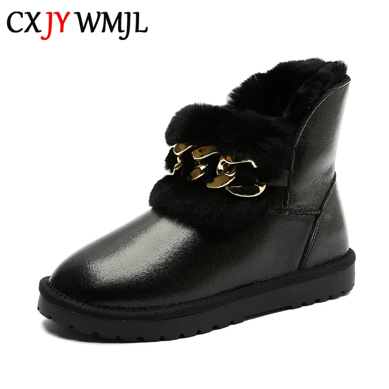 Женские зимние сапоги CXJYWMJL из натуральной кожи, шерстяные модные зимние теплые сапоги на цепочке, женские ботинки в британском стиле, обувь большого размера 42 - изображение