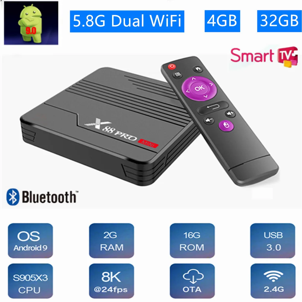 2021 X88 Smart TV Box Android 9.0 Ultra HD 8K 3D Media Player 4GB RAM 32GB ROM Dual WiFi BT4.0 Mini Set Top Box Support Youtube