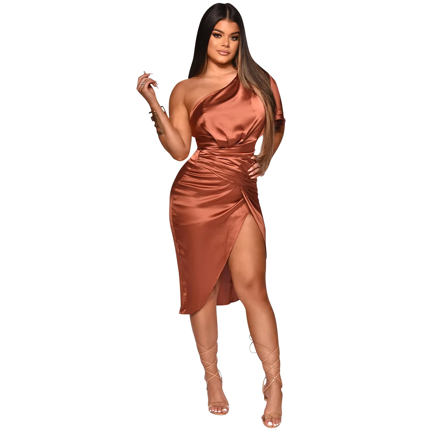 

Zoctuo Girls Party Dresses One Shoulder Short Sleeve Summer Midi Dress Slim Split Backless Sexy Elegant Dresses For Women New