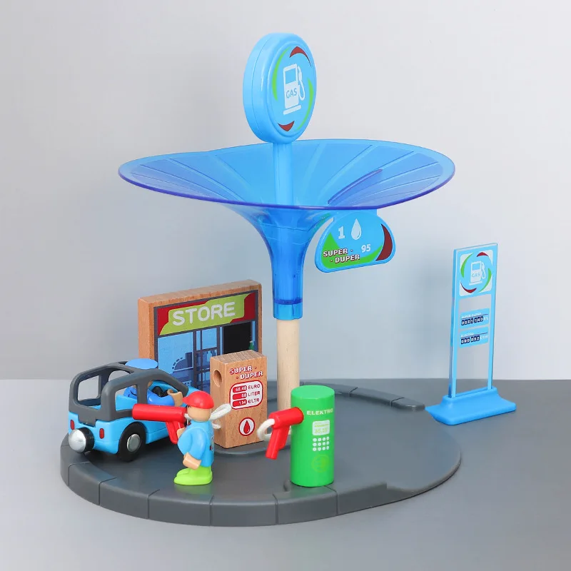 

Wooden Train Track Expansion Accessories Trolley Gas Station Convenience Store Scene For Wooden Railway Educational Boys Toys