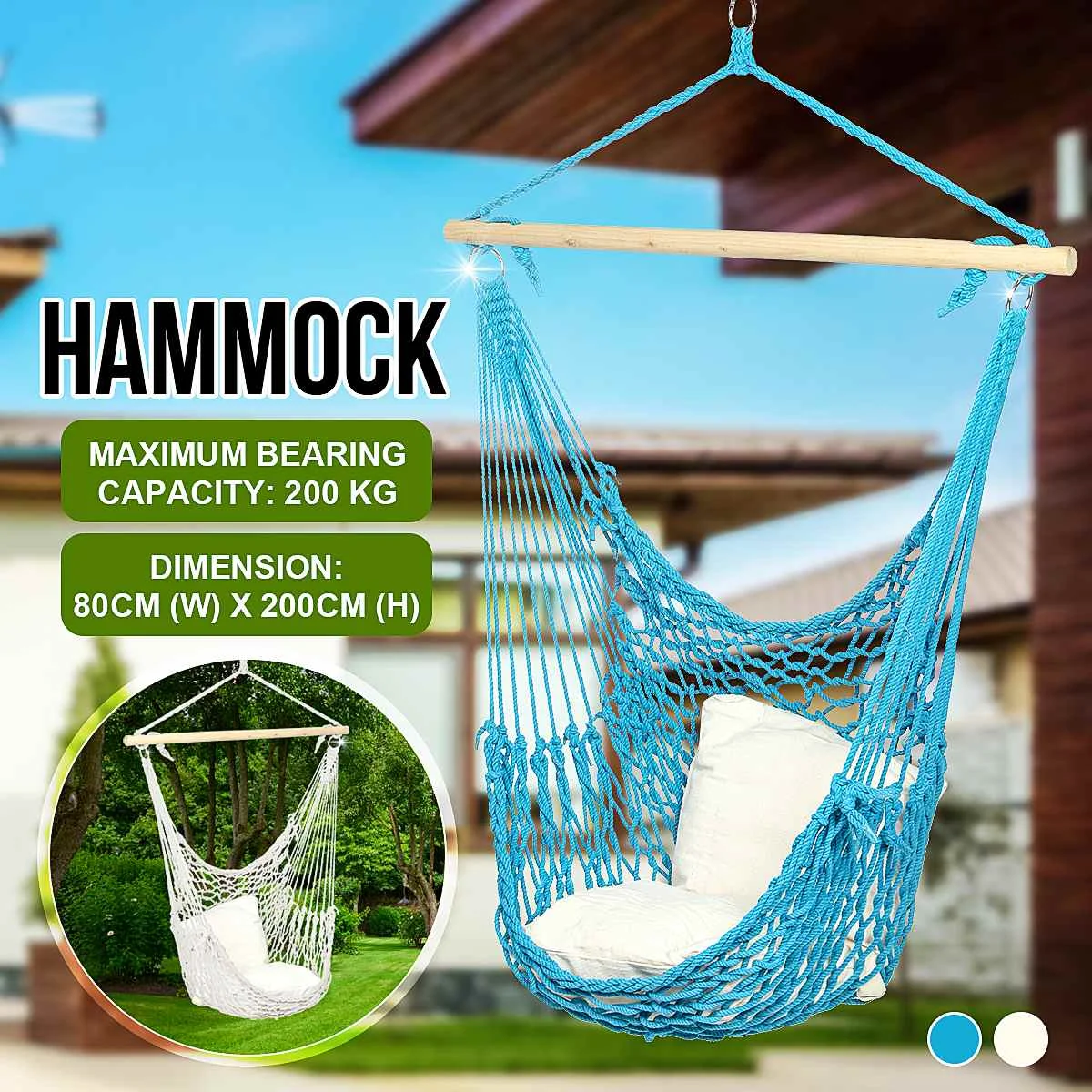 

Garden Camping Hammock Chair Swing Hanging Rope Seat Net Outdoor Patio Indoor Single Safety Hammock with Stick Blue / White