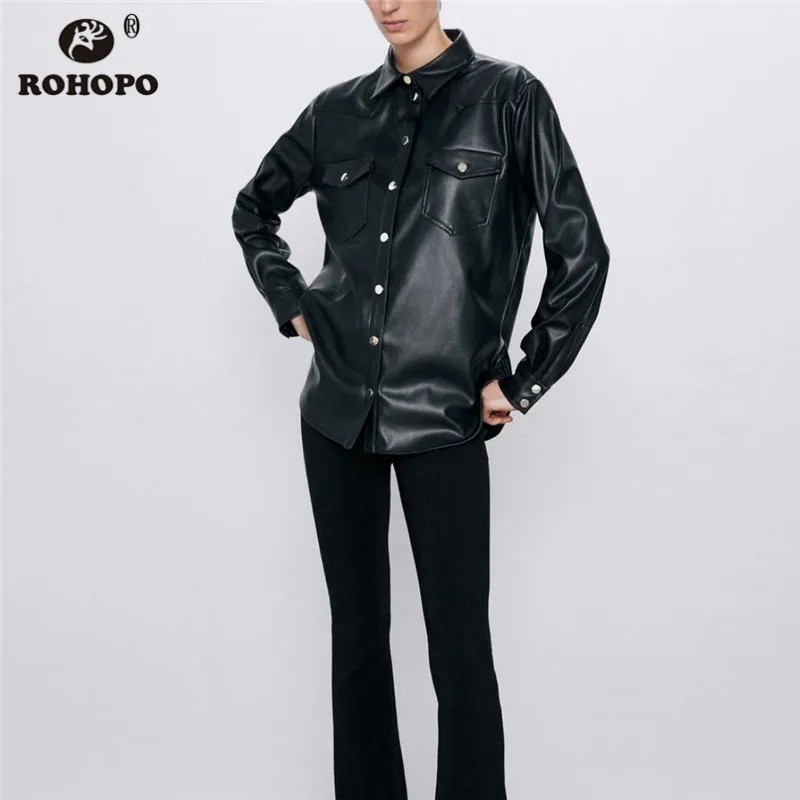 ROHOPO длинный рукав черный кожзам женская верхняя одежда блузка с карманами
