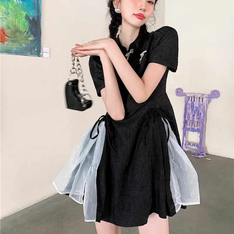 

ZCSMLL короткое черное платье, французское винтажное черное платье-Ципао с завышенной талией в стиле принцессы, улучшенное женское летнее пла...