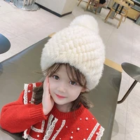 womens real mink fur hat knitted beanies for child girl furry winter warm soft snow white sweet caps