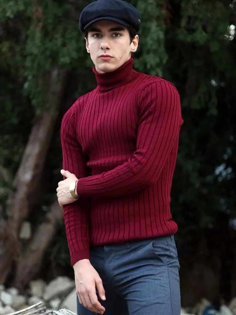 

Turtleneck Corded Claret Red Mens Knitwear Sweater