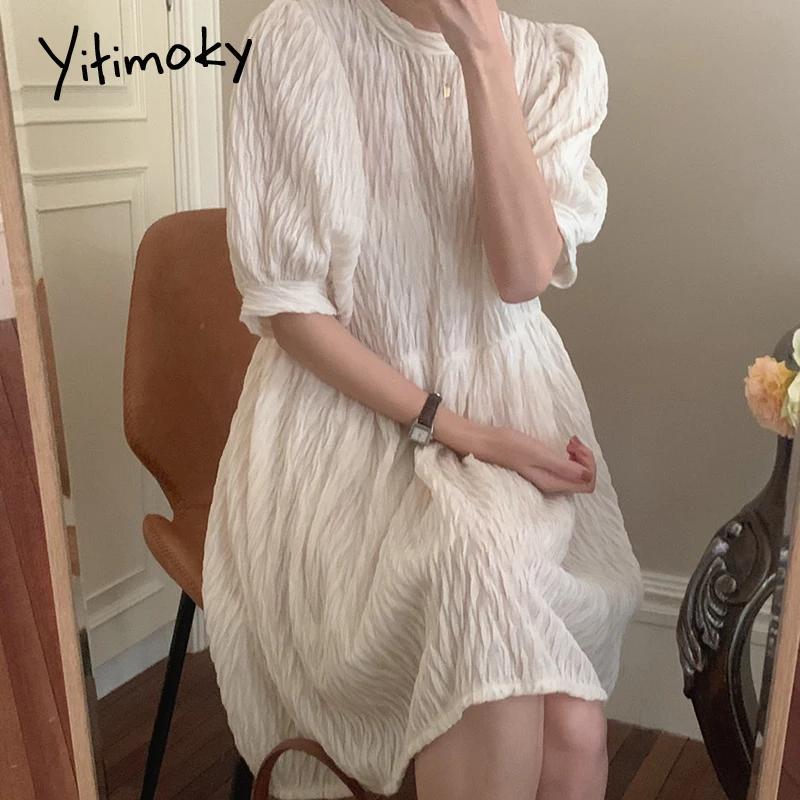 

Yitimoky Vintage Folds High Waist Dress for Women 2021 Puff Short Sleeve O-Neck Unicolor Loose Summer Korean Clothes Fashion New