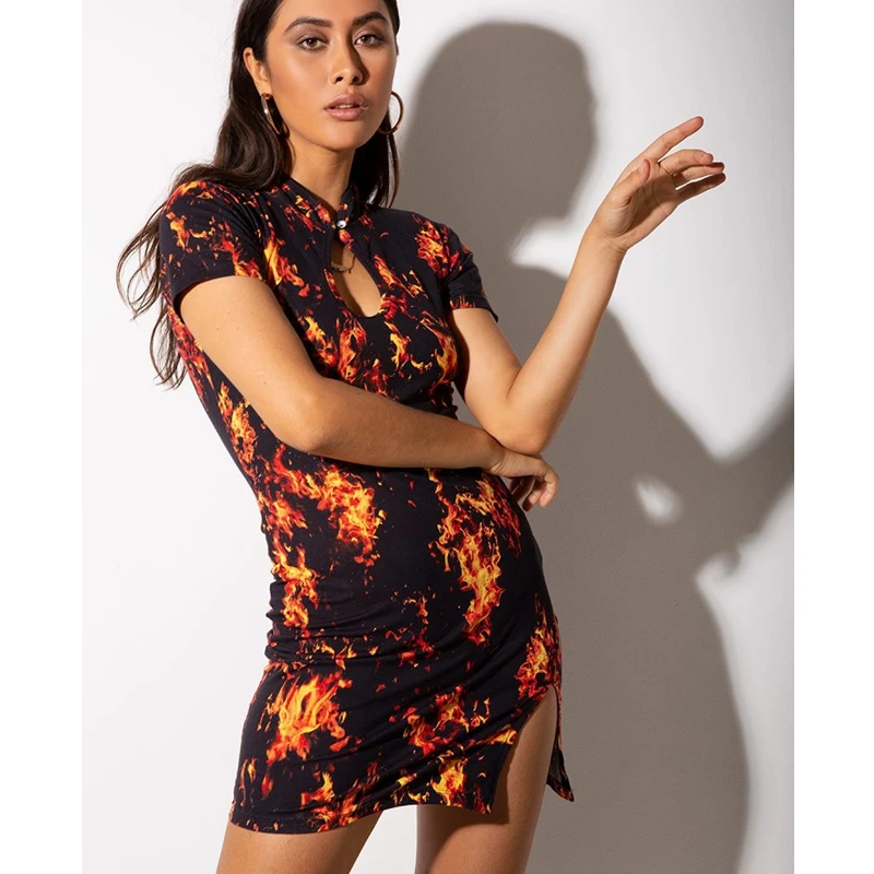 

Punk Flame Print Dress Women Short Sleeve Slim Fit Tight Bodycon Hem Slit Sundresses Chinese Style Summer Fashion Clothes