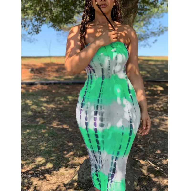 

Женское платье с открытыми плечами, облегающий сарафан без бретелек с окрашенным принтом, Клубная одежда, лето 2020