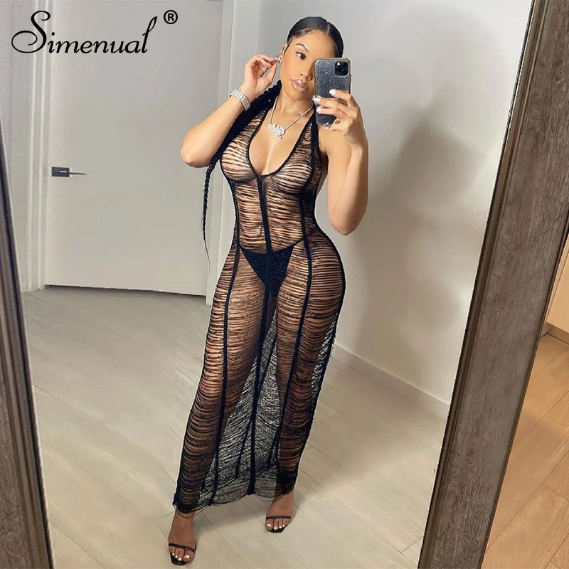 

Simenual Knitting Hollow Out Beachwear Holiday Dresses For Women V Neck Halter Summer 2021 Swag Clothes Transparent Maxi Dress