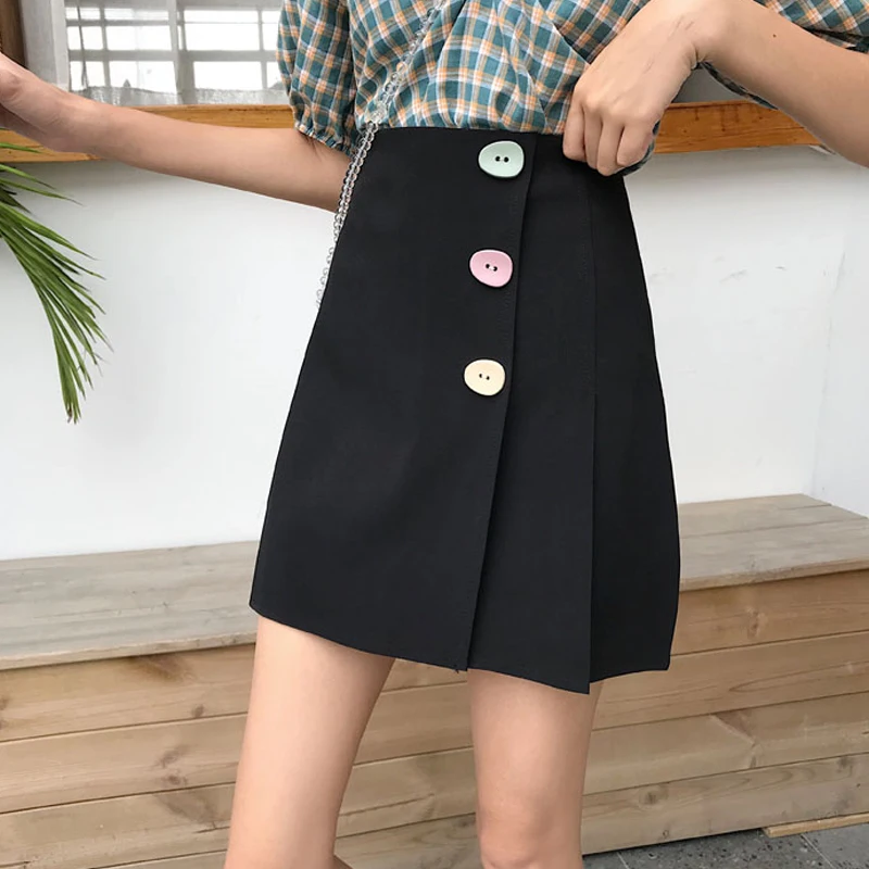 Женская юбка с высокой талией повседневная черная мини-юбка на пуговицах в