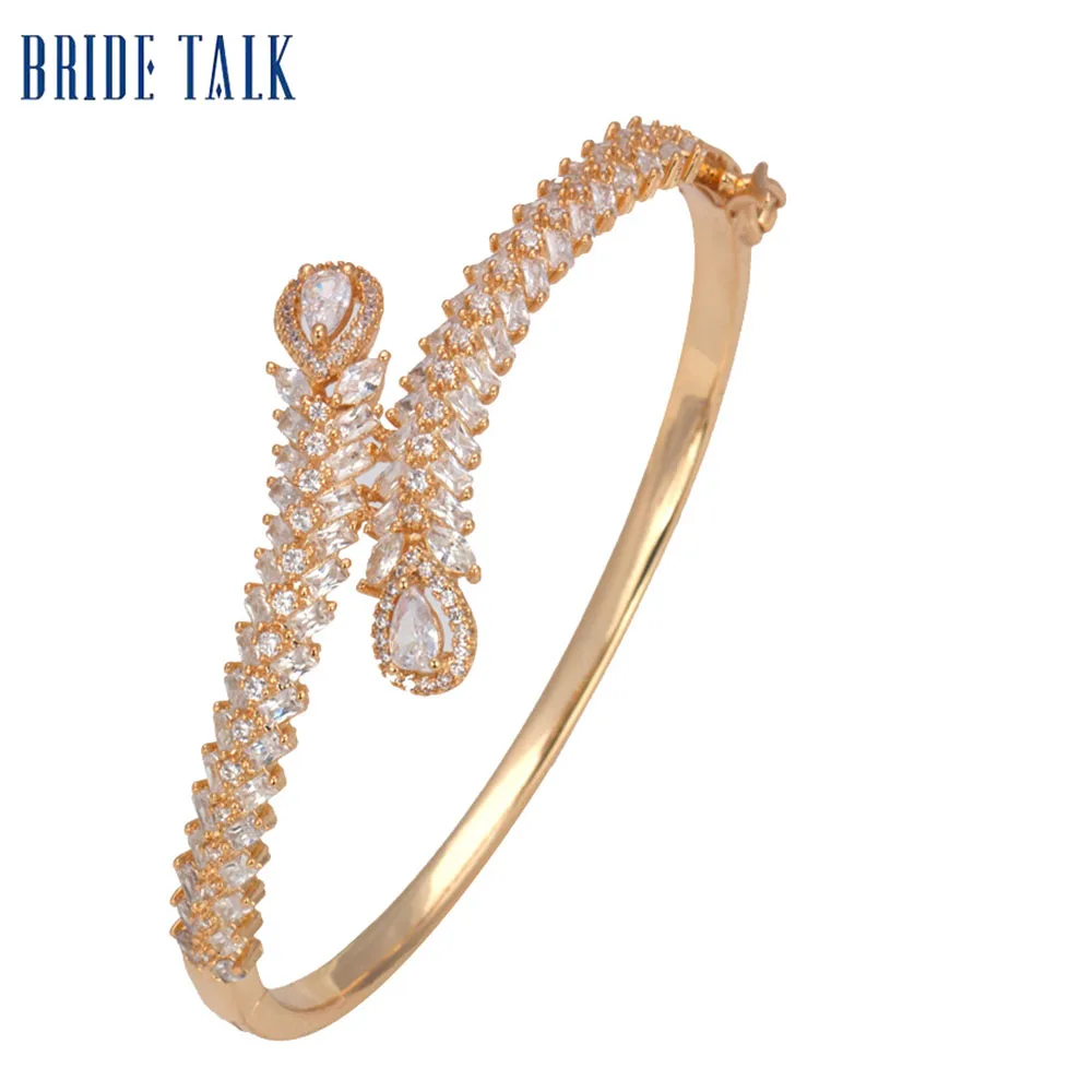 rose gold bangle Изысканные циркониевые браслеты для невесты, свадебные ювелирные кристаллы, наборы колец для женщин - Окраска металла: rose gold bangle