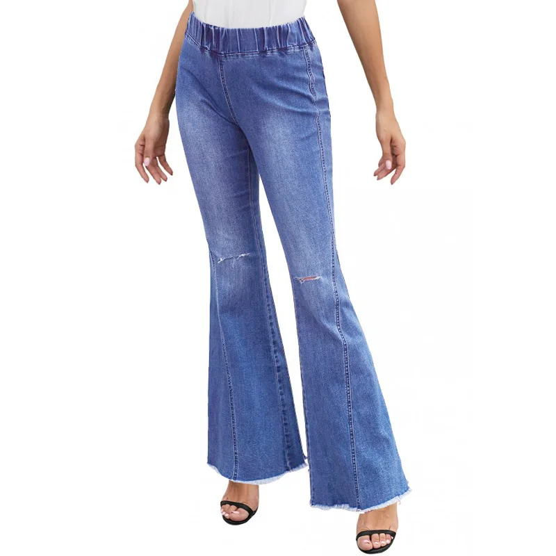 

Women Blue Hight Waisted Flare Bell Ladies Sexy Stretching Jeans Fashion Wide Leg Denim Trousers