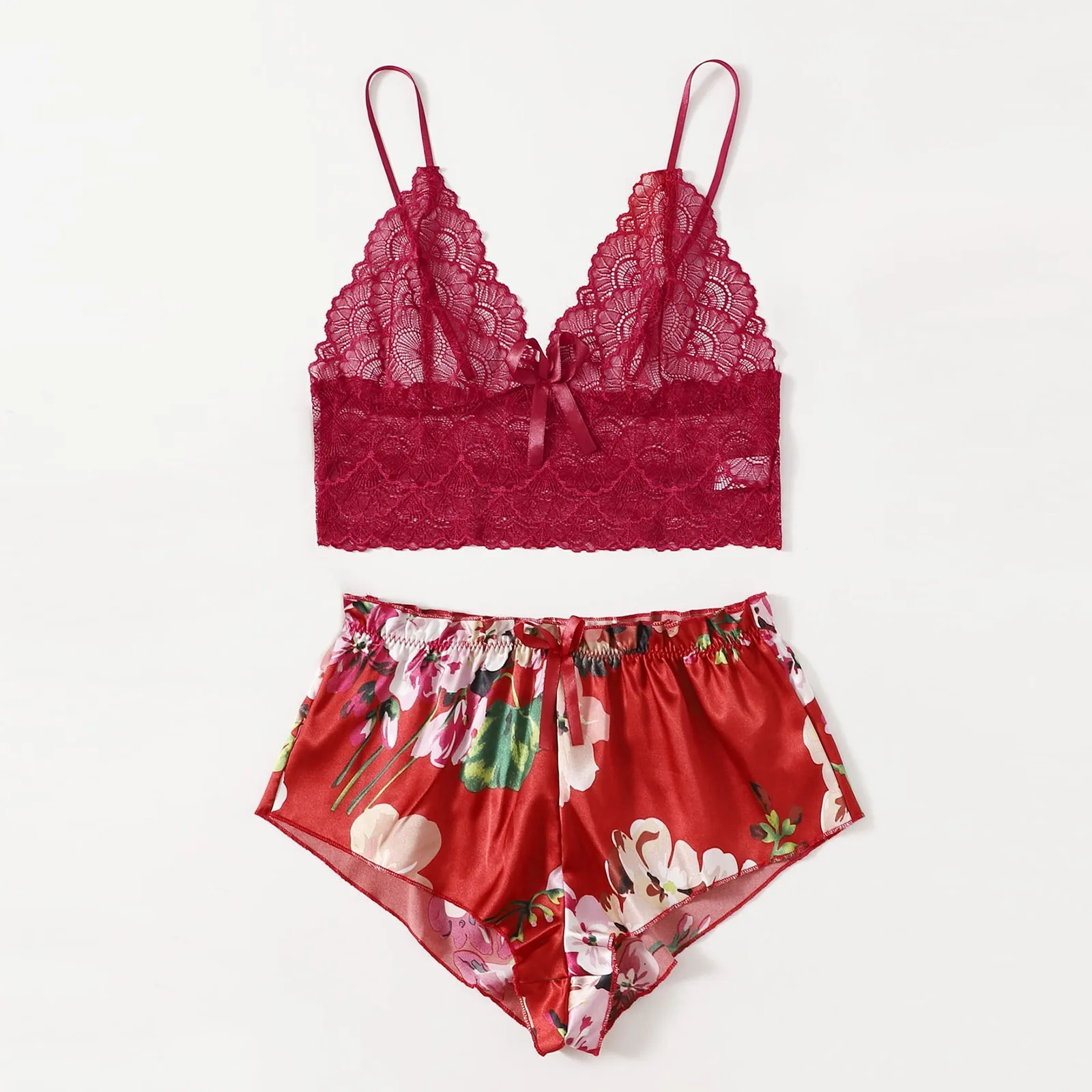 

Sexy Lingerie Floral Lace Bra And Panty Underwear Women Set Transparent Erotic Lingerie Sexy Sleepwear Satin Women's Pajamas Set