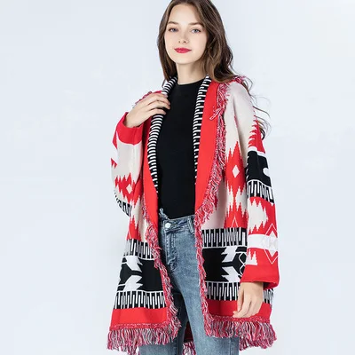 YAMDI shawl lapel print floral bohemian thick jumper knittted sweater autumn winter cardigan sweater women cotton embroidery