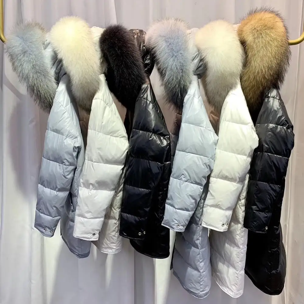 Женский двухсторонний длинный пуховик зимнее пальто на белом утином пуху