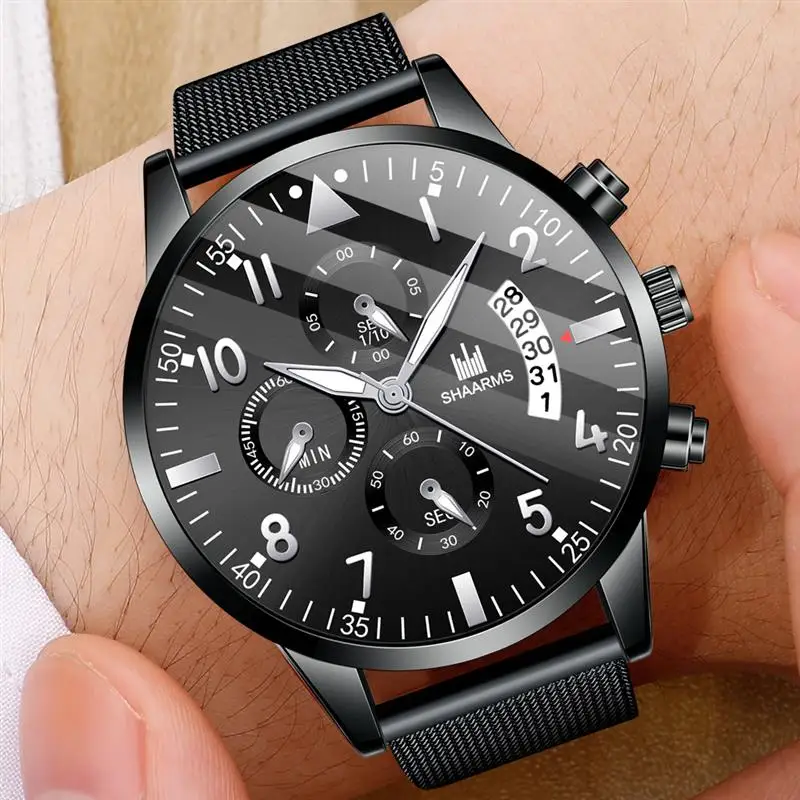 Мужские наручные часы SHAARMS черные кварцевые с сетчатым ремешком в стиле милитари