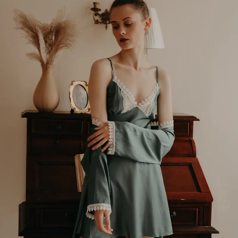 Комплект женский кружевной из 2 предметов зеленый халат-кимоно халат для невесты