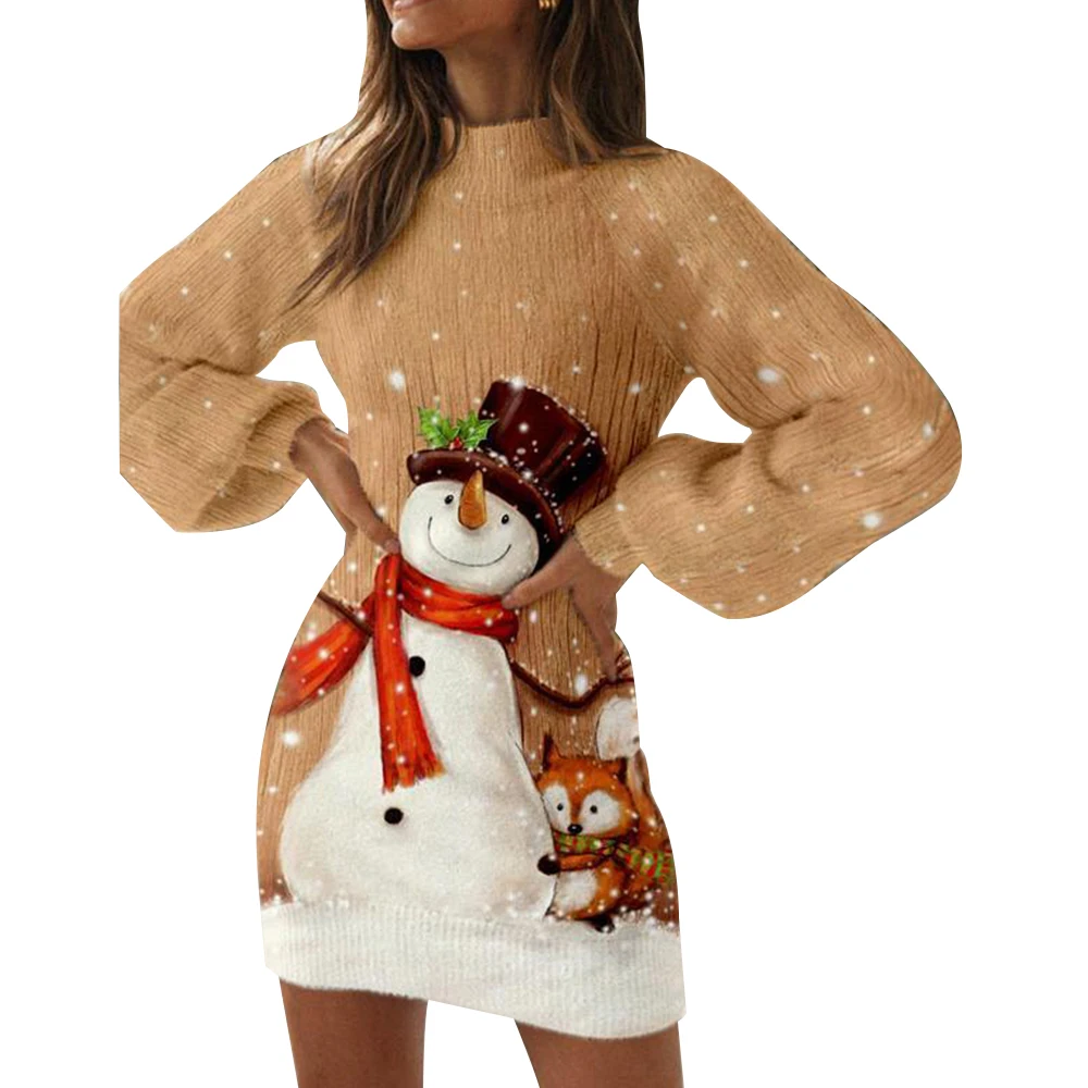 

Women Christmas Print Knitted Mini Dress Long Sleeve Casual Round Neck Short Dresses Female Party Bodycon Dress Autumn Winter