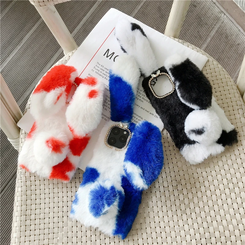 

Furry Bunny Plush Silicone Protection Phone Case on For iPhone 11 Pro Max 8 7 6 6s Plus Xr XsMax X Xs 12 Pro Max