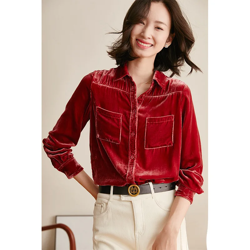 casual red velevt silk office blouse womens shirts and blouses 2020 summer elegant sexy boho long sleeve plus size palace loose