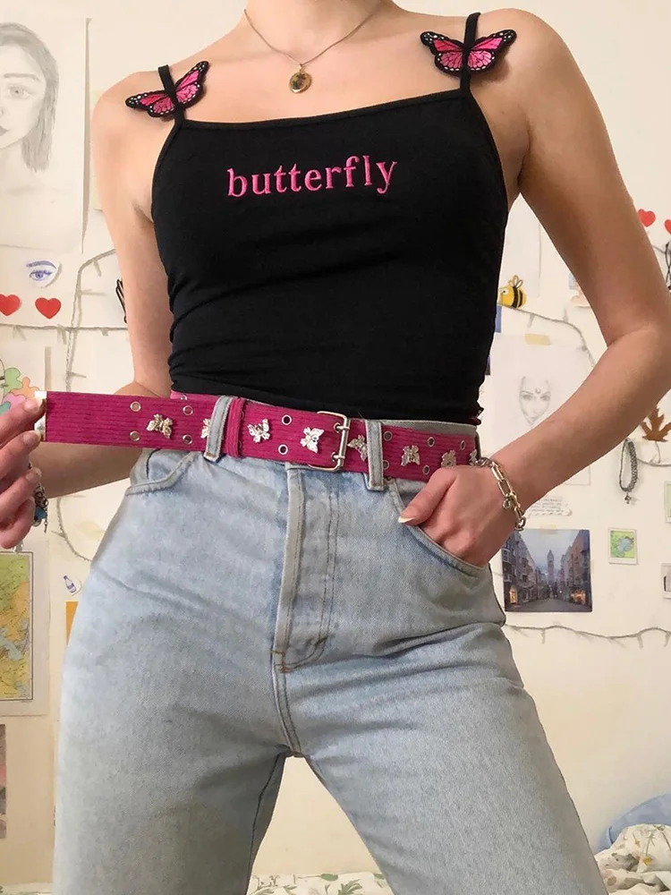 

Cotton Letter Printe Butterfly Sling Top Tee Women's 2020 Fashion Summer Female Flexible Black Sleeveless Breathable Vest