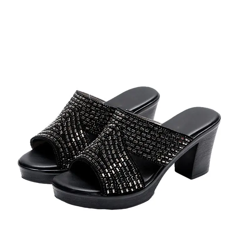 

Shoes Ladies' Slippers Peep Toe Square heel Med Women Heels Pantofle On A Wedge Glitter Slides Block High 2021 Jelly Basic PU Cr